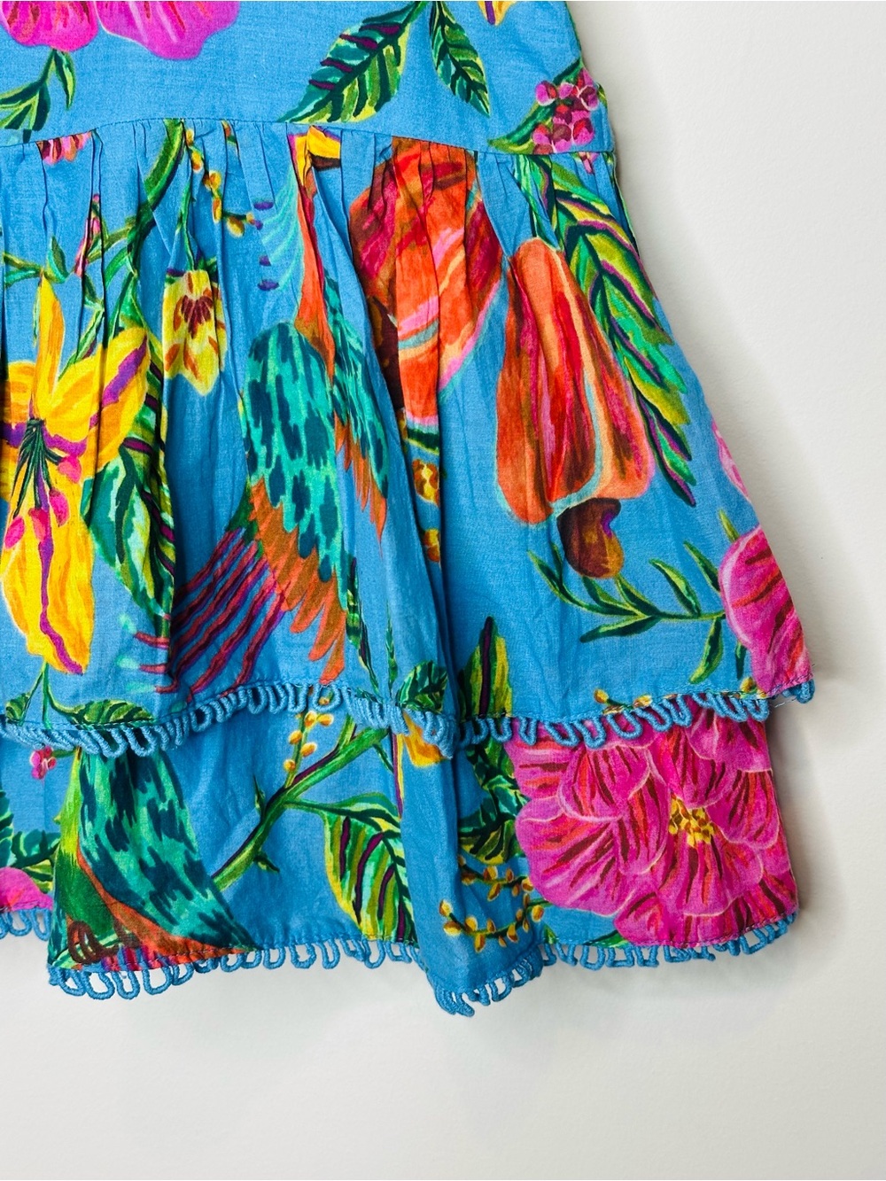 Farm Rio Blue Toucans Floral Tiered Mini Skirt Size Large Garden Tropical Summer - Picture 3 of 14
